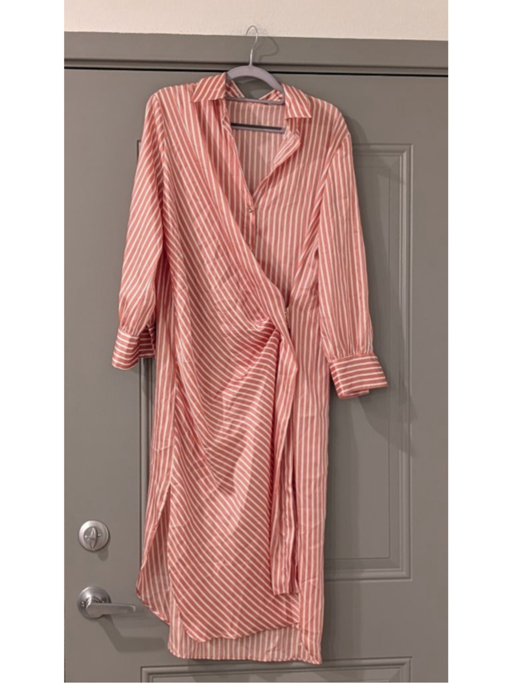 Zara Pink and White Striped Long Sleeve Wrap Dress